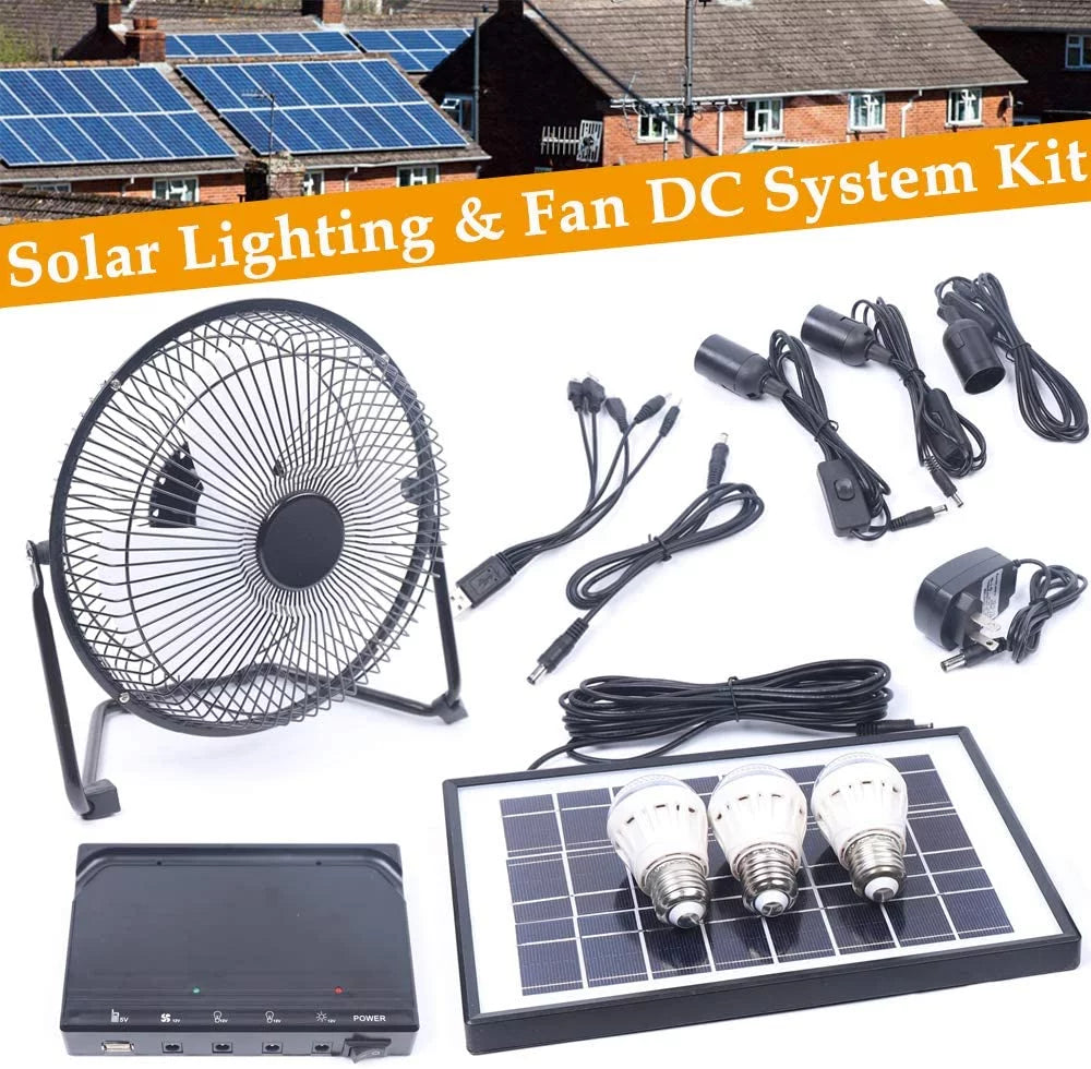 MONIPA Portable Sizeolar Powered Panel+Fan+3x1W 12V Bulbs 8 inch Sizeolar Powered Fan, with Adapter for Ventilation Caravan Camping Home Office Outdoor Traveling Fishing
