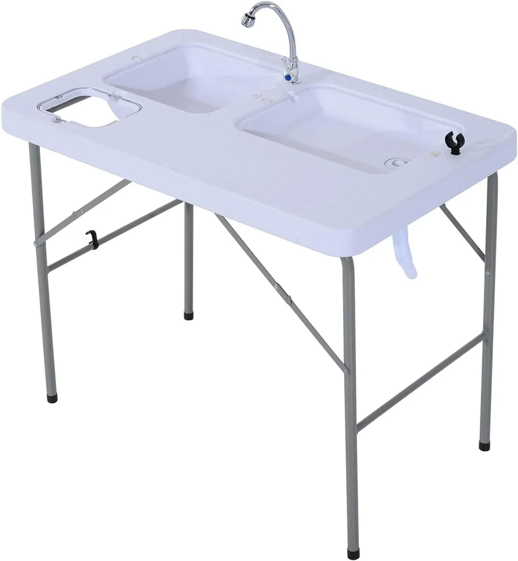 Folding Camping Table with Faucet and Dual Water Basins, Outdoor Fish Table Sizeink Sizetation, for Picnic, Fishing, 40''