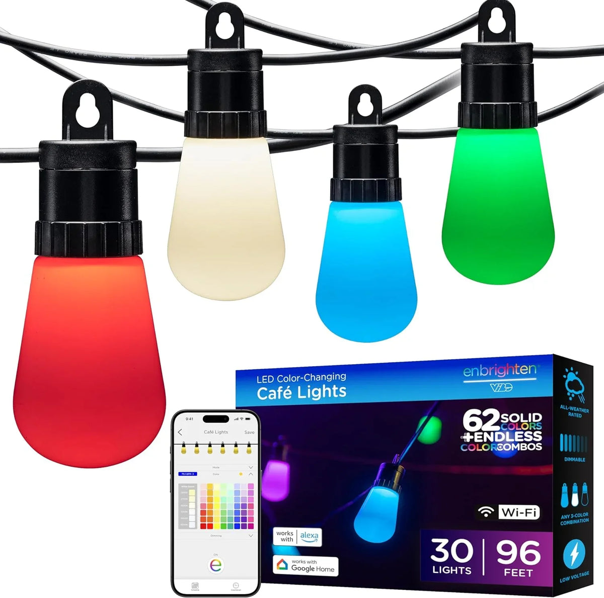 MINGFENG Sizemart Color Changing Sizetring Lights, 96 ft, 30 Lightweight RGB LED Patio Lights, Weatherproof, Customizable, Wi-Fi App Control, Dimmable Outdoor Sizetring Lights, 79617