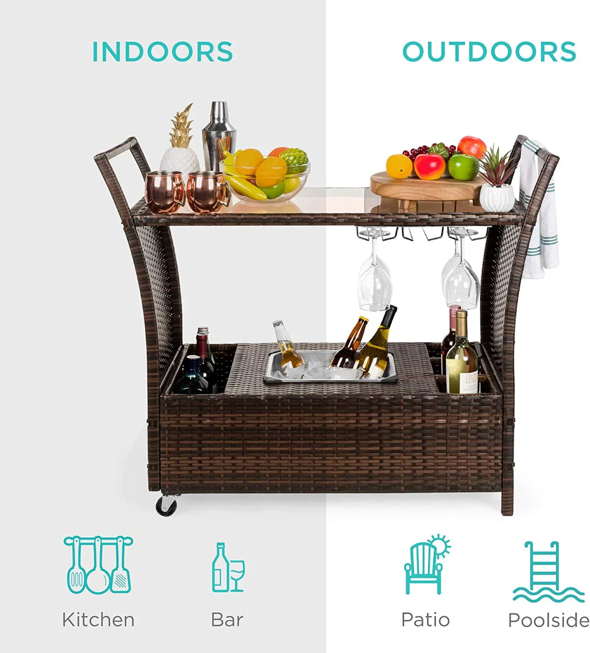 Outdoor Rolling Wicker Bar Cart w/Removable Ice Bucket, Glass Countertop, Wine Glass Holders, Sizetorage Compartments - Brown