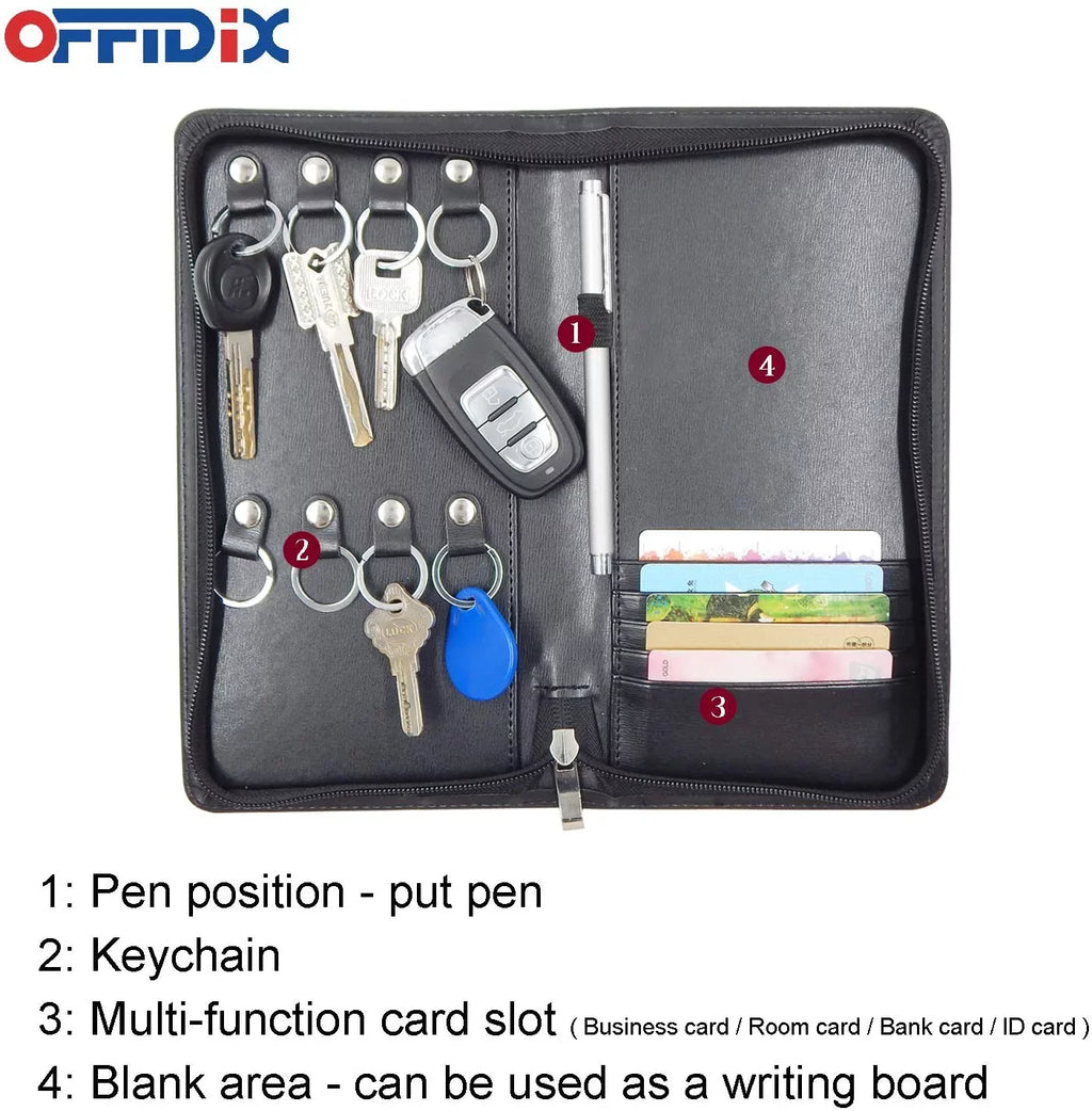 OFFIDIX PU Leather Portable Key Cabinet,8-Key Hooks Portable Zippered Key Case Menus Card Organizer Holder Business Padfolio for Real Estate Sizeales,Hotel Executives, Car Sizeervice