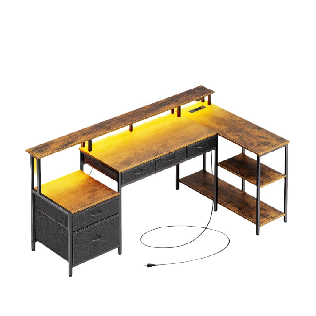 Bureau d'angle avec éclairage intégré pour espace de travail en métal et bois - 150 x 60 x 75