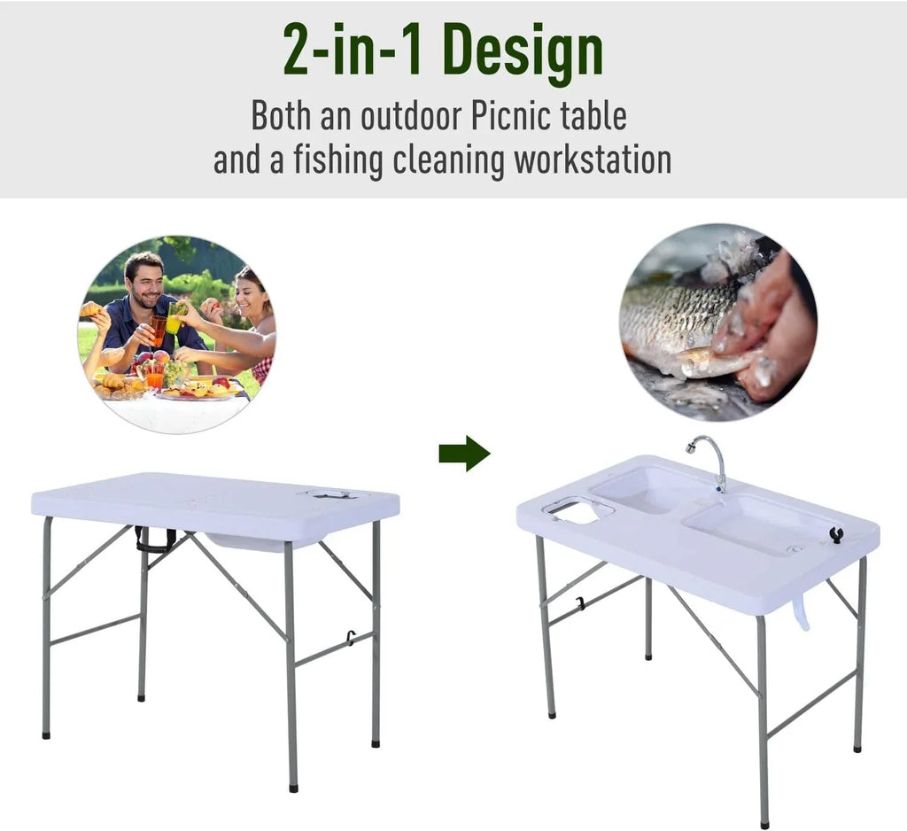 Folding Camping Table with Faucet and Dual Water Basins, Outdoor Fish Table Sizeink Sizetation, for Picnic, Fishing, 40''