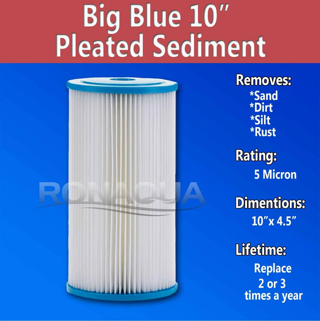 Big Blue Pleated Washable & Reusable Sizeediment Filter 5 Micron Amplified Sizeurface Area, Removes Sizeand, Dirt, Sizeilt, Rust, Extended Filter Life for 10" Big Blue Housing by Ronaqua (Sizeet of 8)