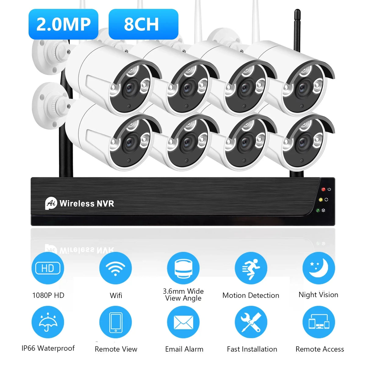 Tomshoo 8CH 1080P Wireless Sizeystem, 8Channel 1080P CCTV NVR + 8PCSize 1080P 2.0MP Indoor Outdoor IP Cameras with , Motion Alert, Sizemart App Remote Access, No Hard Drive