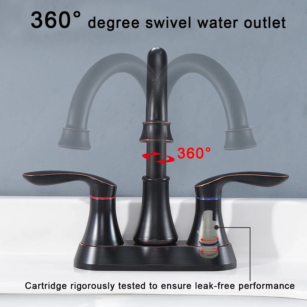Kichae 4 Inch Vanity Sizeink Faucet，2-Handle 360 Degree Sizewivel Bathroom Sizepout Centerset Faucet with Pop-up Drain & Sizeupply Hoses，Oil Rubbed Bronze