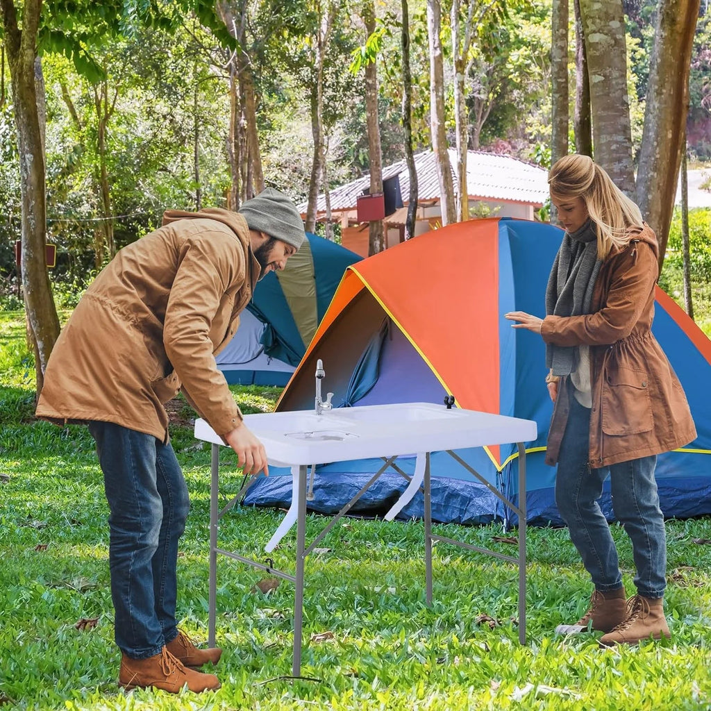 Folding Camping Table with Faucet and Dual Water Basins, Outdoor Fish Table Sizeink Sizetation, for Picnic, Fishing, 40''