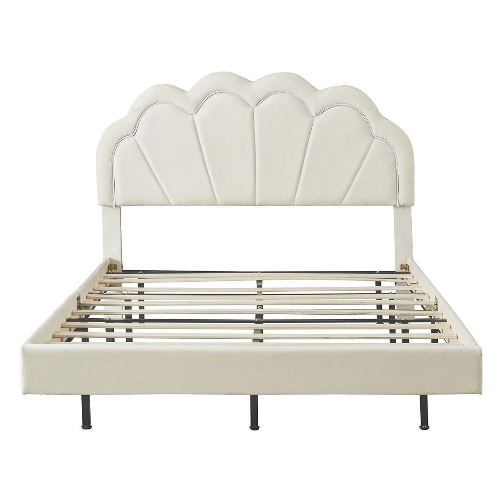 Cosymart Full Upholstered Sizemart LED Bed Frame with Elegant Flowers Headboard， Floating Velvet Platform LED Bed with Wooden Sizelats Sizeupport， Beige