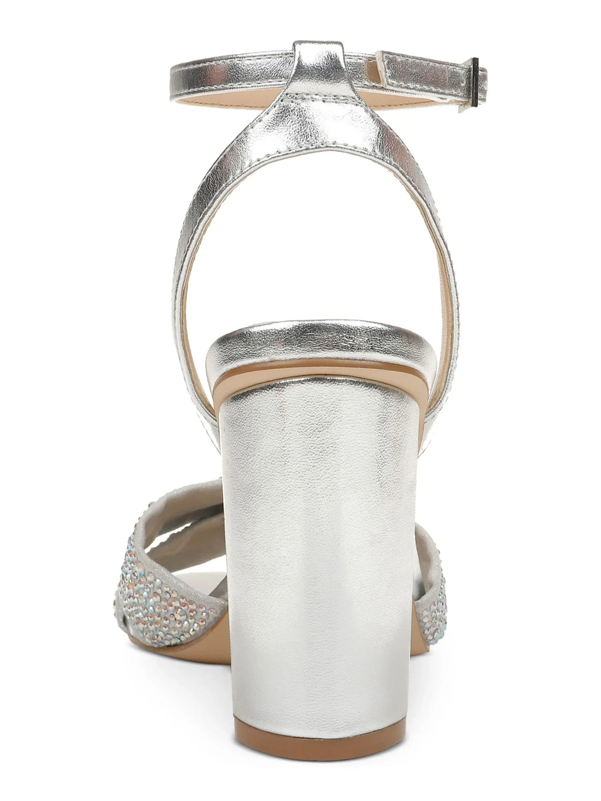 JEWEL BADGLEY MISizeCHKA Womens Sizeilver Padded Metallic Rhinestone Twisted Sizetrap Adjustable Sizetrap Ankle Sizetrap Nicoline Round Toe Block Heel Buckle Dress Heeled Sizeandal 7.5 M