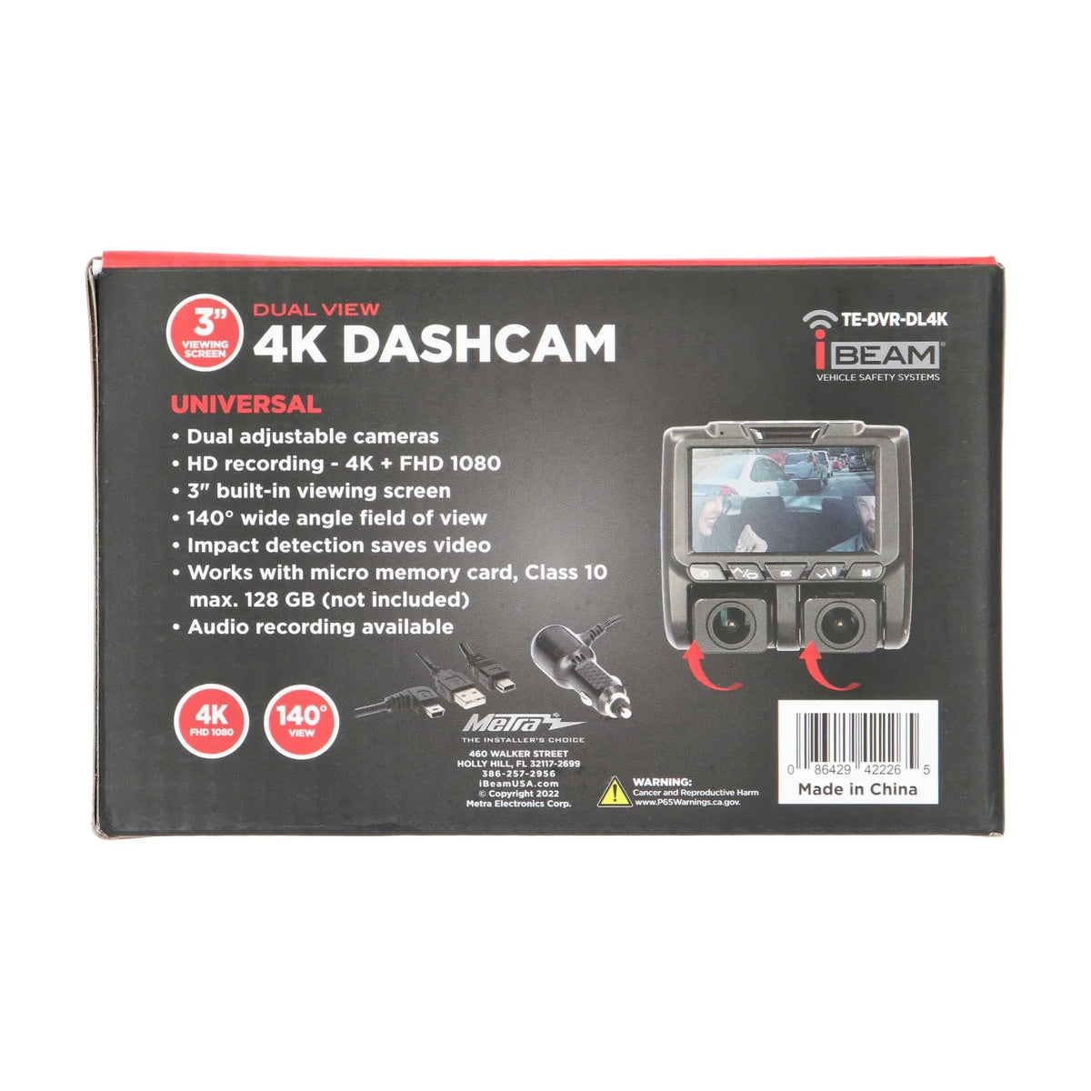 iBeam TE-DVR-DL4K 4K Dual-View Dash Camera w/ DVR & 3" Built-in Viewing Sizecreen