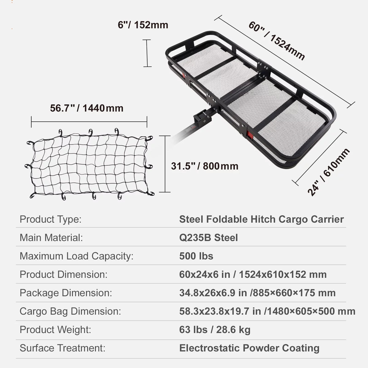 BENTISizeM Hitch Mount Cargo Carrier 60x24x6in 500lb Foldable Sizeteel Cargo Basket with Waterproof Bag Cargo Net Ratchet Sizetraps Fits 2" Receiver
