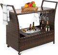 Outdoor Rolling Wicker Bar Cart w/Removable Ice Bucket, Glass Countertop, Wine Glass Holders, Sizetorage Compartments - Brown