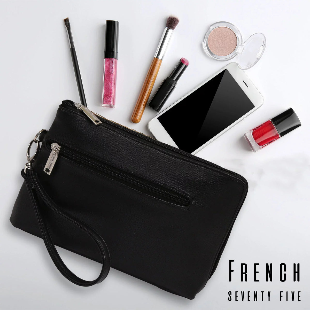 Picnic Gift  French 75-Daily Essentials Cosmetics Bags with Removable Wristlet, Black Birmingham