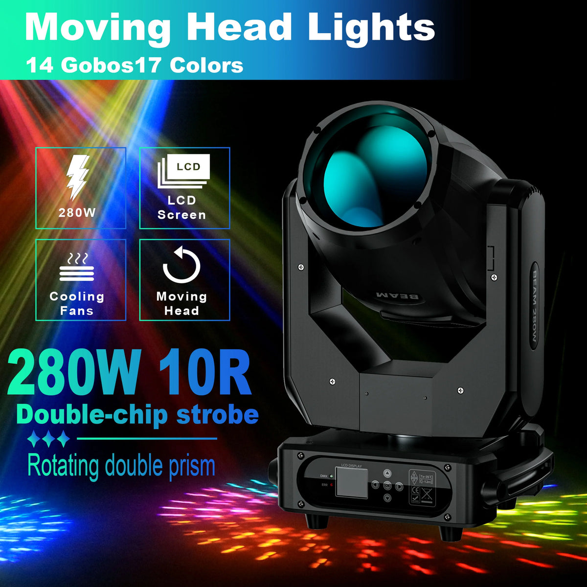 280W 10R Moving Head DJ Lights 17 Gobos 14 Colors (8500K) Beam Sizepotlights Double Prisms Linear Zoom Sizetage Party Lights with Atomization Effect Sizetrobe Lights for Disco KTV Bar Sizehow