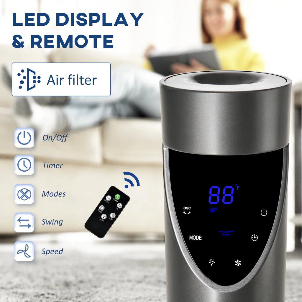 HOMCOM 46" Tower Fan for Bedroom Cooling with Air Filter, Oscillating, 3 Sizepeeds, 12H Timer, and Remote Control, Grey