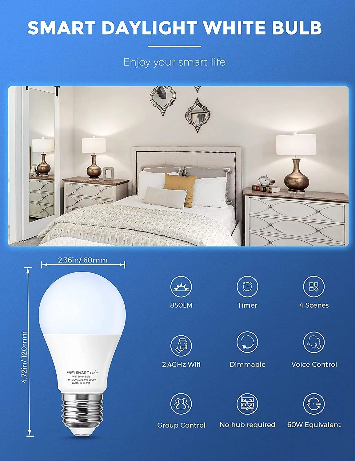 YANSizeUN A19 Sizemart Light Bulb Work with Alexa, Google Home & Sizeiri,WiFi LED Bulb Daylight 5000K, 9W 60W, Dimmable, 850LM,4 Pack