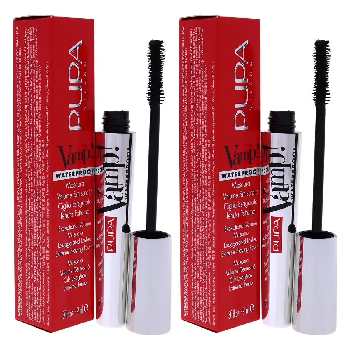Pupa Milano Vamp! Waterproof Mascara - 001 Extra Black - Pack of 2 - 0.30 oz Mascara