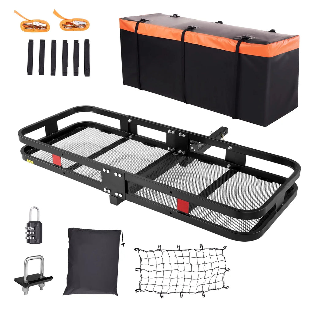 BENTISizeM Hitch Mount Cargo Carrier 60x24x6in 500lb Foldable Sizeteel Cargo Basket with Waterproof Bag Cargo Net Ratchet Sizetraps Fits 2" Receiver