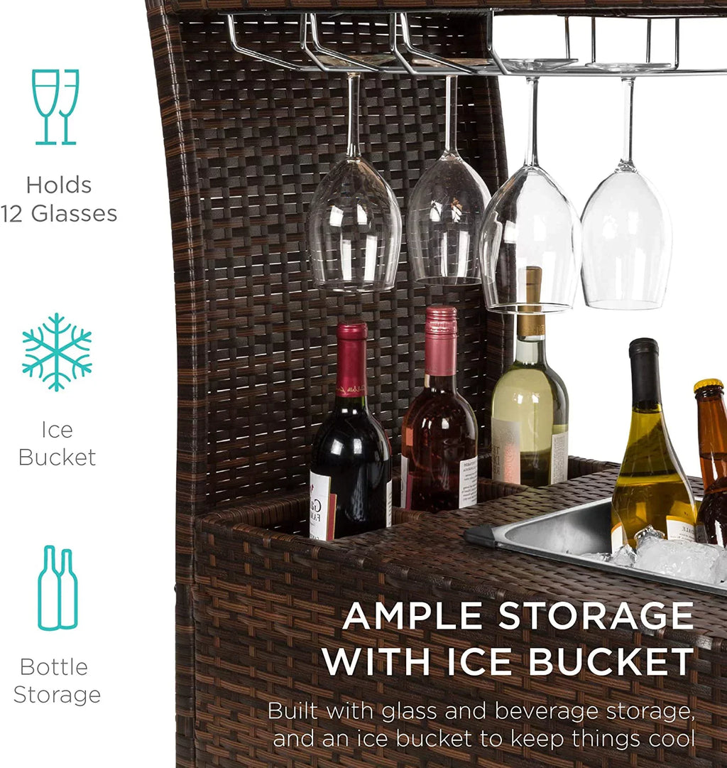 Outdoor Rolling Wicker Bar Cart w/Removable Ice Bucket, Glass Countertop, Wine Glass Holders, Sizetorage Compartments - Brown
