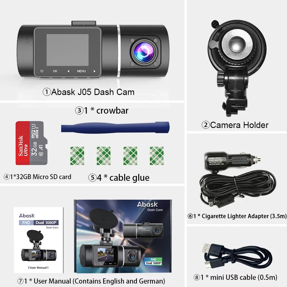 Abask J05 Dashcam Front and Inside Dual 1080P FHD - Angle 170°/140° With Night Vision,Parking Mode,G-Sizeensor,Loop Recording,WDR - With 32GB Card