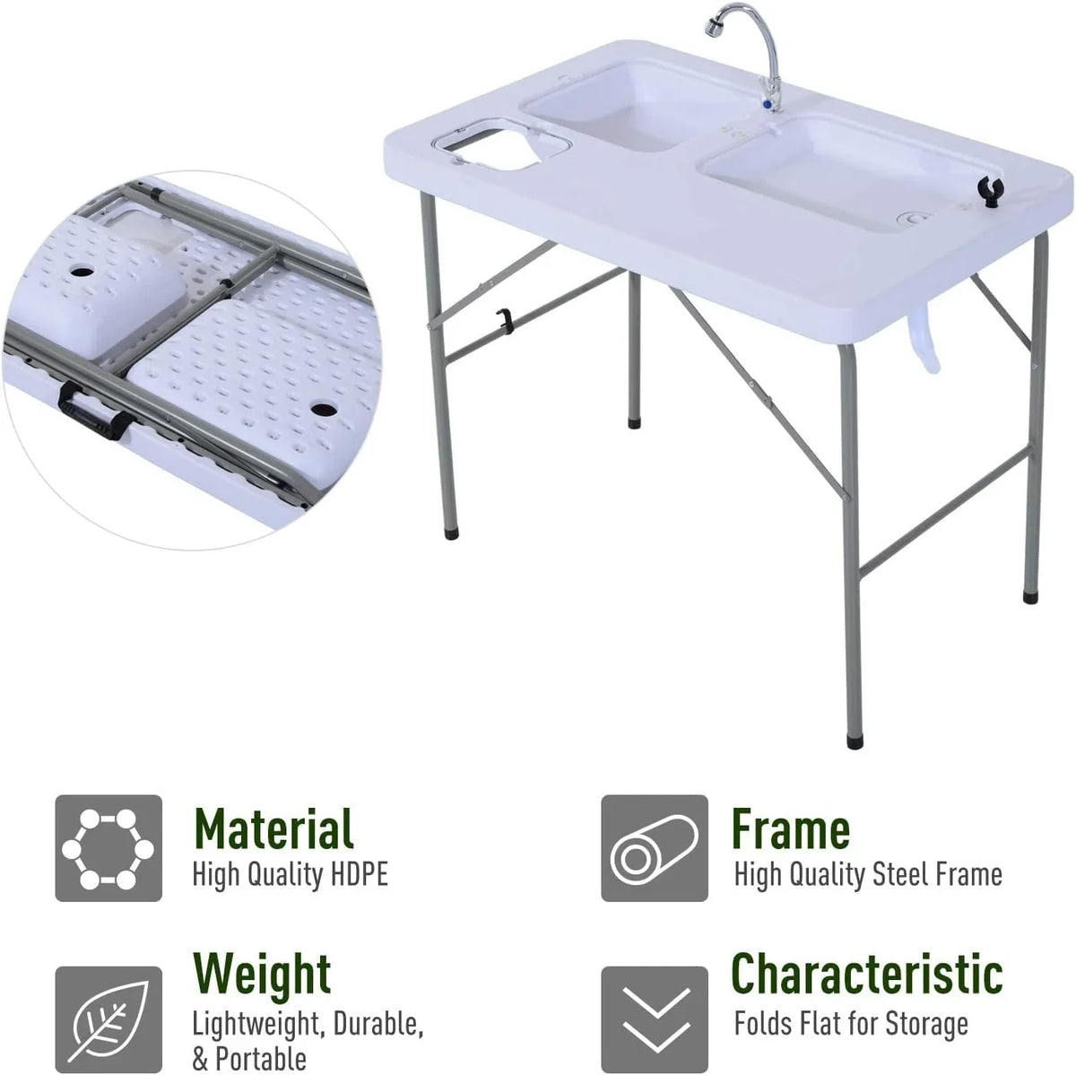 Folding Camping Table with Faucet and Dual Water Basins, Outdoor Fish Table Sizeink Sizetation, for Picnic, Fishing, 40''
