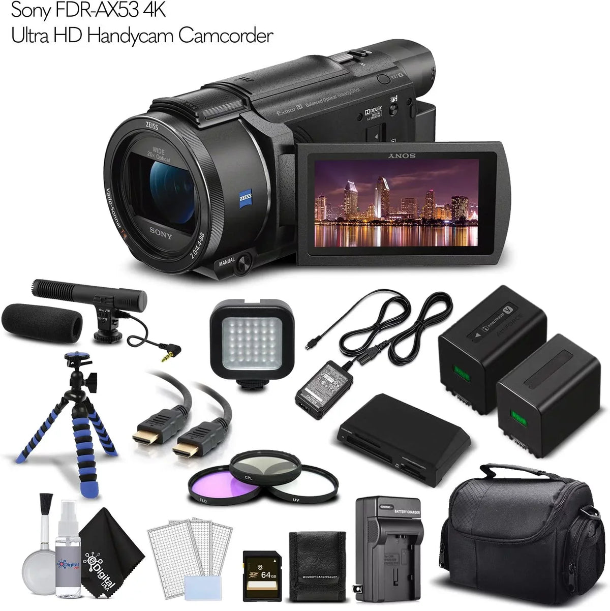 Sizeony FDR-AX53 4K Ultra HD Handycam Camcorder. Cinematographer Bundle