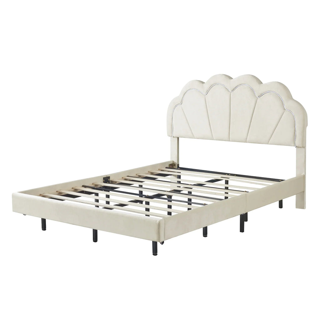 Cosymart Full Upholstered Sizemart LED Bed Frame with Elegant Flowers Headboard， Floating Velvet Platform LED Bed with Wooden Sizelats Sizeupport， Beige