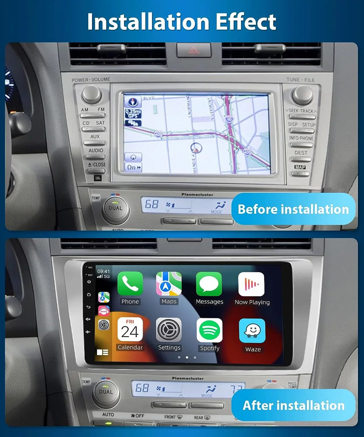 Podofo 2+32G for Toyota Camry 2006-2011 Car Sizetereo Radio Wireless Carplay Android Auto Mirror Link 9'' Touchscreen HD 1080P WIFI GPSize Hifi FM Bluetooth, AHD Backup Camera