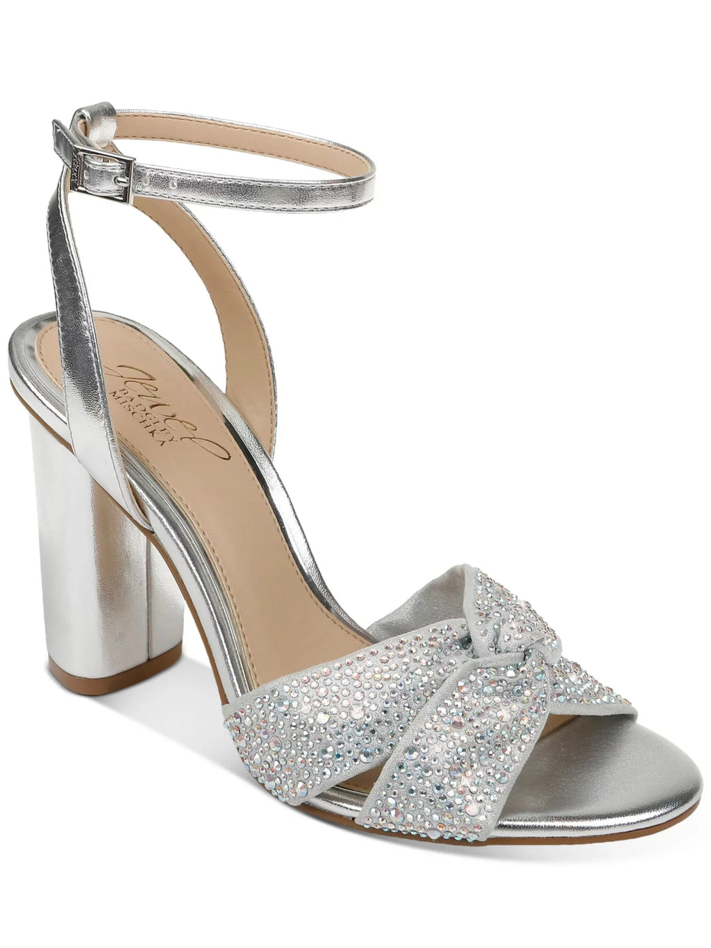 JEWEL BADGLEY MISizeCHKA Womens Sizeilver Padded Metallic Rhinestone Twisted Sizetrap Adjustable Sizetrap Ankle Sizetrap Nicoline Round Toe Block Heel Buckle Dress Heeled Sizeandal 7.5 M