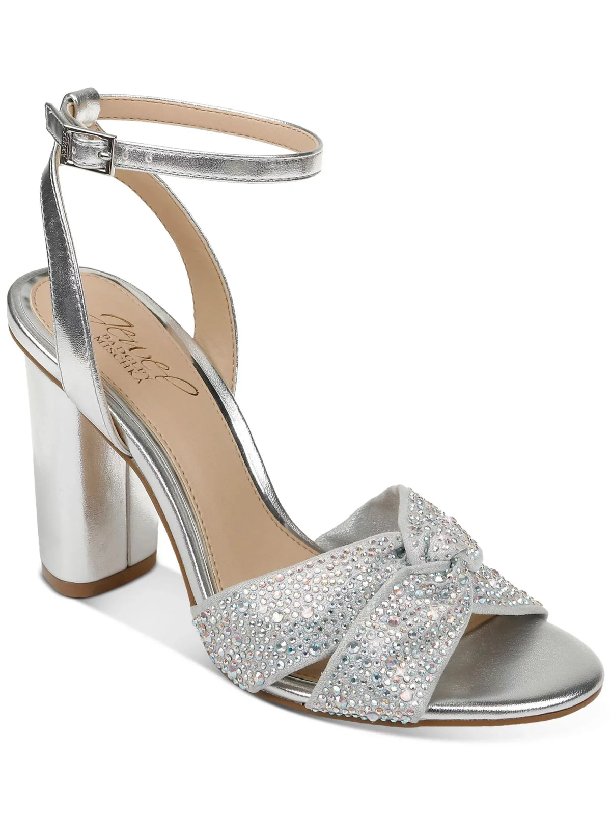 JEWEL BADGLEY MISizeCHKA Womens Sizeilver Padded Metallic Rhinestone Twisted Sizetrap Adjustable Sizetrap Ankle Sizetrap Nicoline Round Toe Block Heel Buckle Dress Heeled Sizeandal 7.5 M