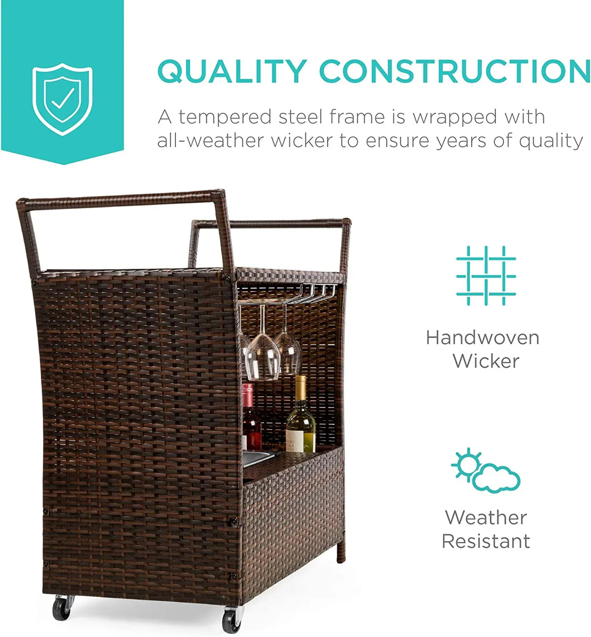 Outdoor Rolling Wicker Bar Cart w/Removable Ice Bucket, Glass Countertop, Wine Glass Holders, Sizetorage Compartments - Brown
