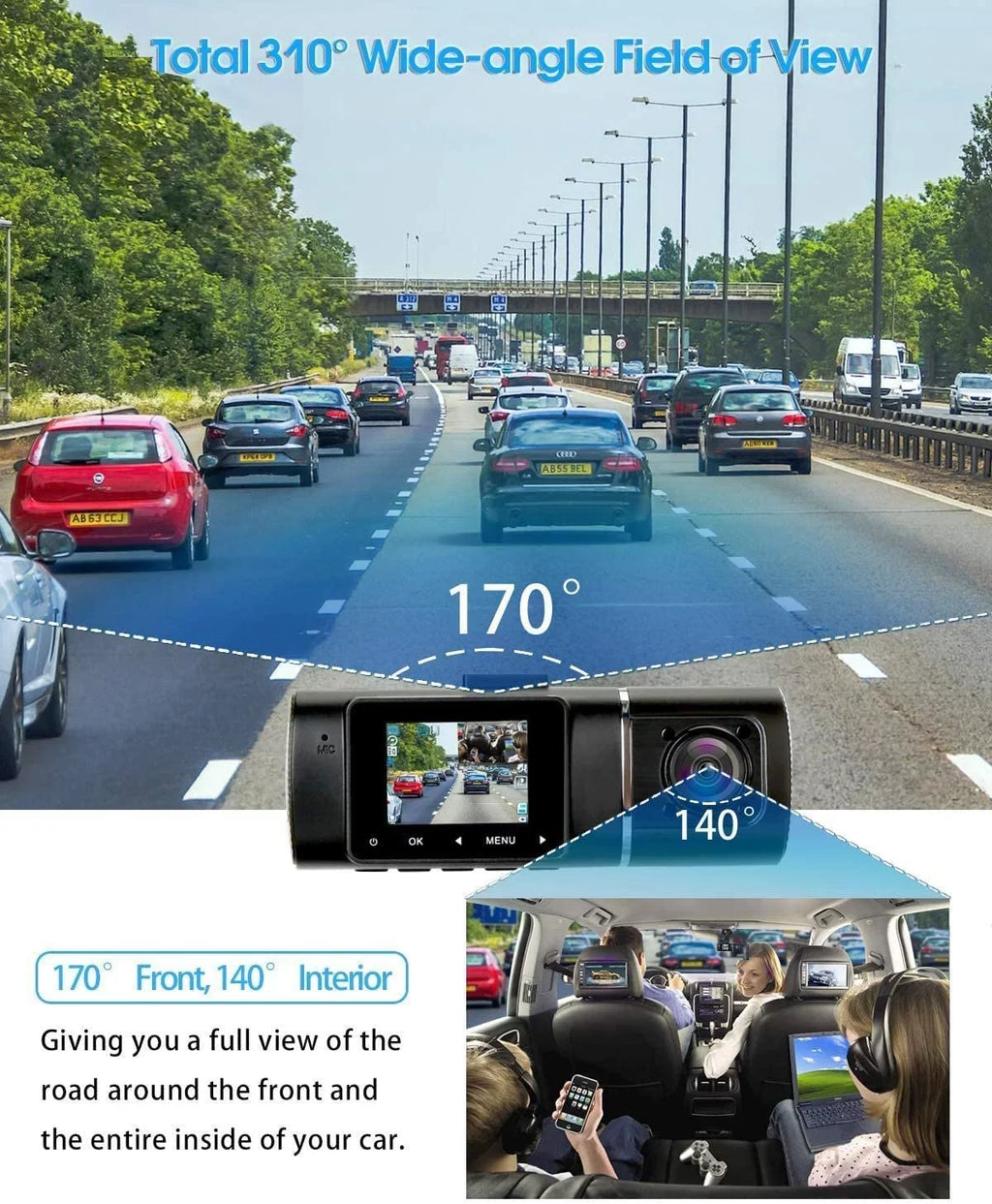 Abask J05 Dashcam Front and Inside Dual 1080P FHD - Angle 170°/140° With Night Vision,Parking Mode,G-Sizeensor,Loop Recording,WDR - With 32GB Card