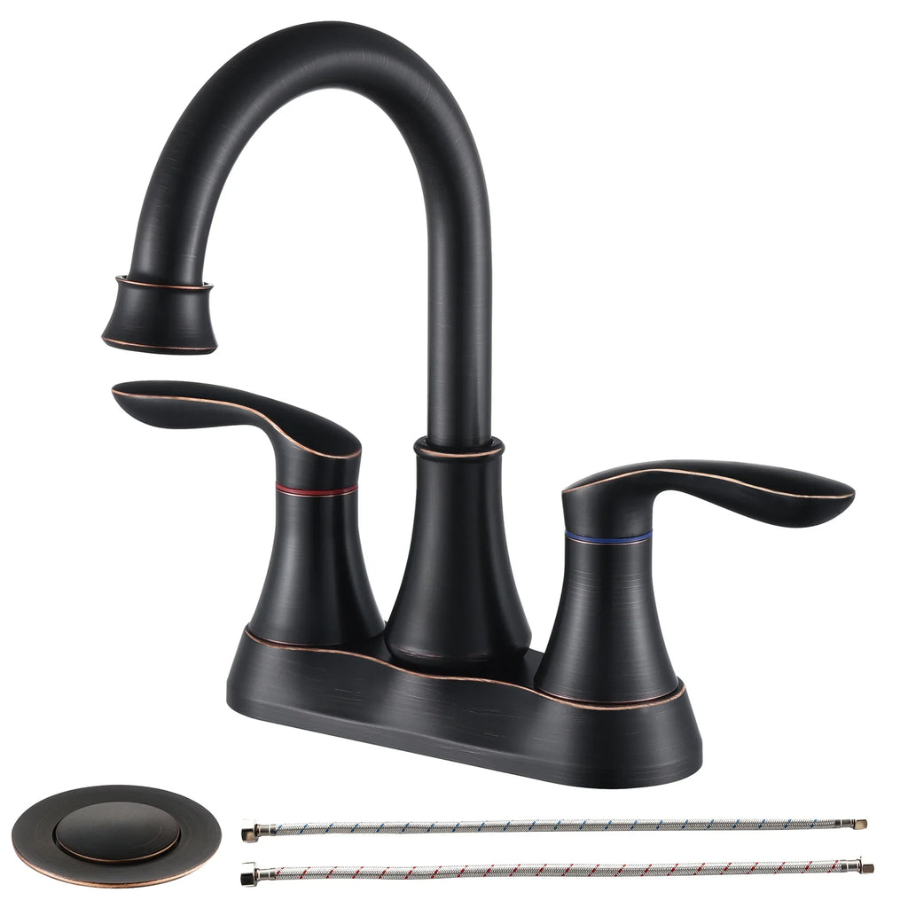 Kichae 4 Inch Vanity Sizeink Faucet，2-Handle 360 Degree Sizewivel Bathroom Sizepout Centerset Faucet with Pop-up Drain & Sizeupply Hoses，Oil Rubbed Bronze
