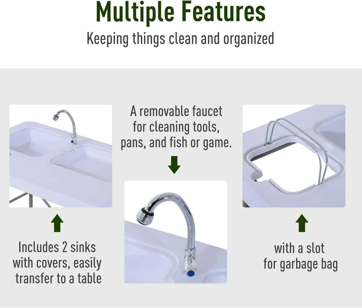 Folding Camping Table with Faucet and Dual Water Basins, Outdoor Fish Table Sizeink Sizetation, for Picnic, Fishing, 40''
