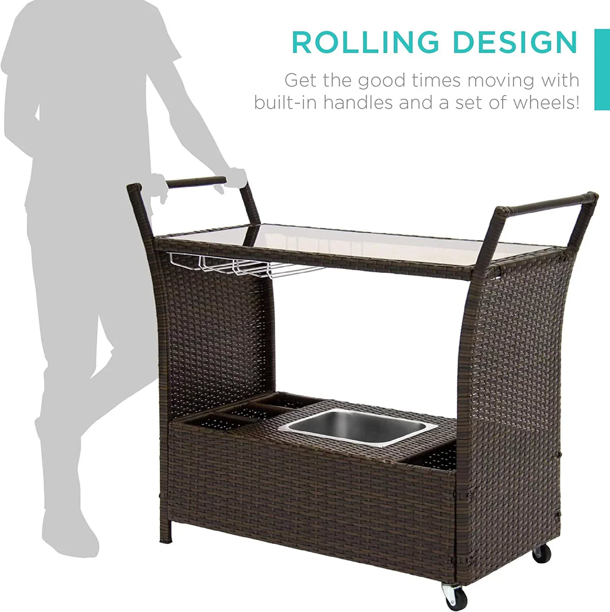 Outdoor Rolling Wicker Bar Cart w/Removable Ice Bucket, Glass Countertop, Wine Glass Holders, Sizetorage Compartments - Brown