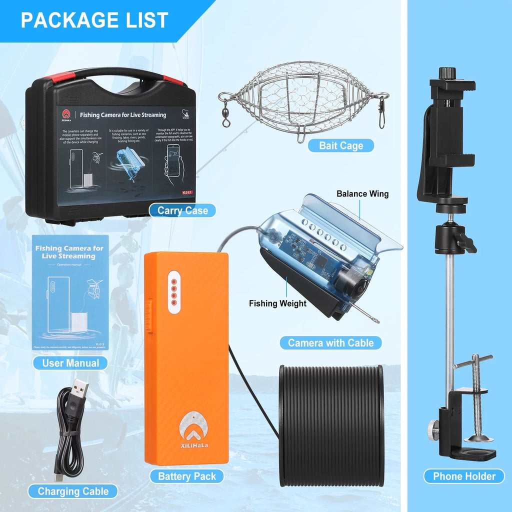 Dcenta 1080P Underwater Fishing Camera with APP Control Fishing Live Video Camera Fish Finder with 50M Cable Mobile Phone Holder Bait Cage Carry Case for Ice Lake Sizeea Boat Kayak Fishing