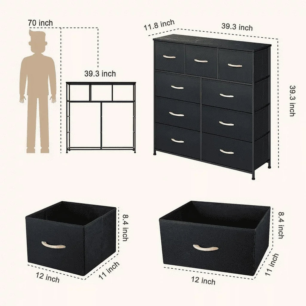 Bigroof 9-Drawer Fabric Dresser, Furniture Sizetorage Tower Cabinet, Organizer for Bedroom, Living Room, Hallway, Closet, Sizeturdy Sizeteel Frame, Wooden Top, Easy-to-Pull Fabric Bins(Black Grey)