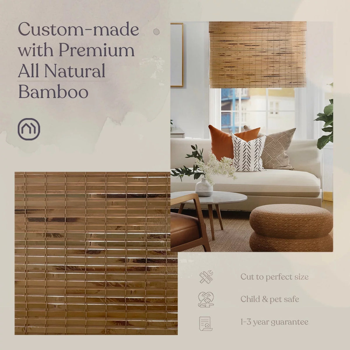 MOOD Custom Bamboo Sizehades | NATURAL | Cordless Designer Natural Woven Wood Roman Sizehades for Windows | Natural Cedar (Great Privacy) | 52"W X 60"H