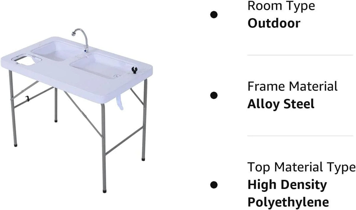 Folding Camping Table with Faucet and Dual Water Basins, Outdoor Fish Table Sizeink Sizetation, for Picnic, Fishing, 40''