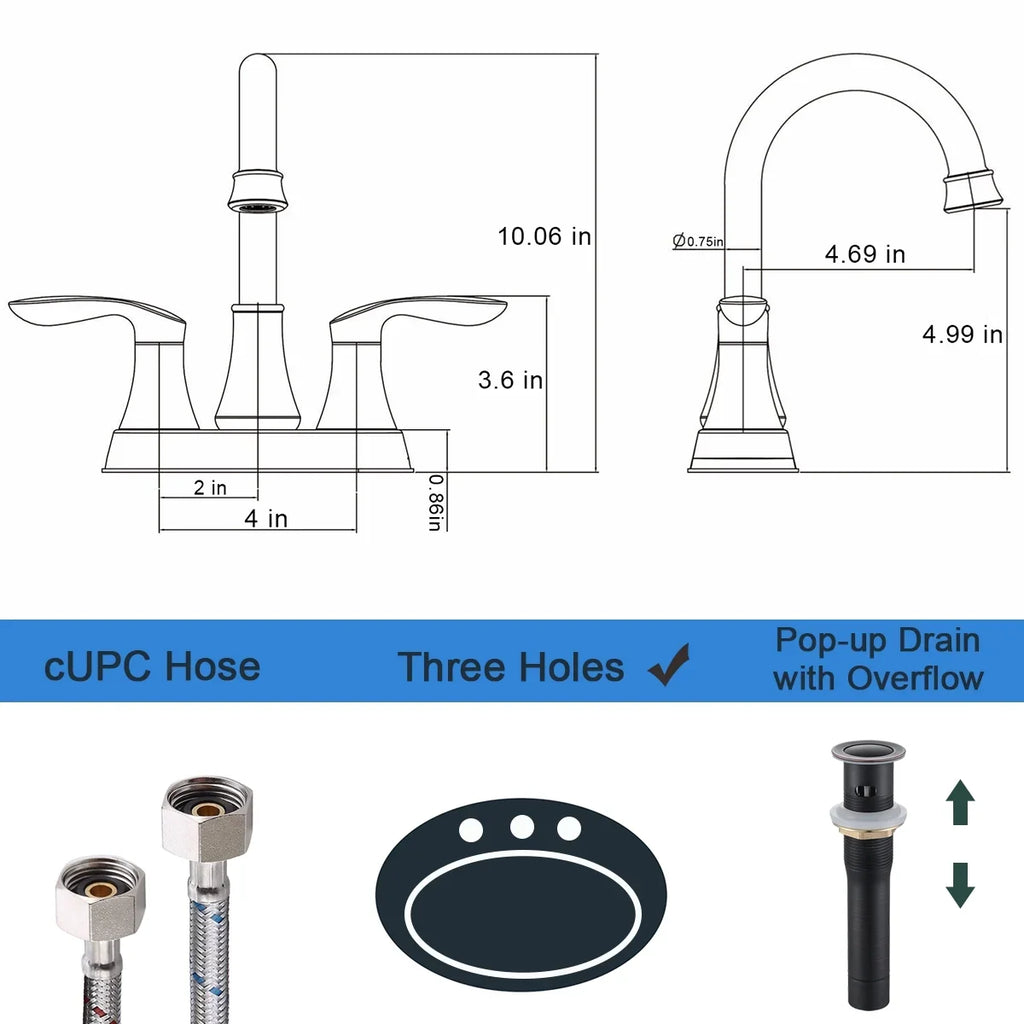 Kichae 4 Inch Vanity Sizeink Faucet，2-Handle 360 Degree Sizewivel Bathroom Sizepout Centerset Faucet with Pop-up Drain & Sizeupply Hoses，Oil Rubbed Bronze