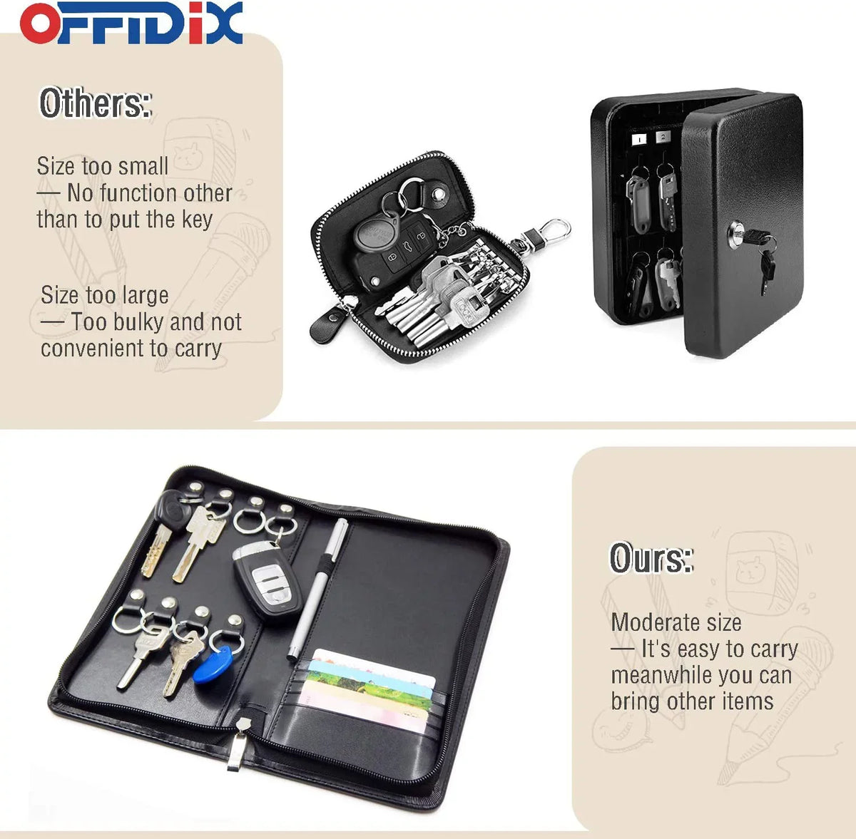 OFFIDIX PU Leather Portable Key Cabinet,8-Key Hooks Portable Zippered Key Case Menus Card Organizer Holder Business Padfolio for Real Estate Sizeales,Hotel Executives, Car Sizeervice