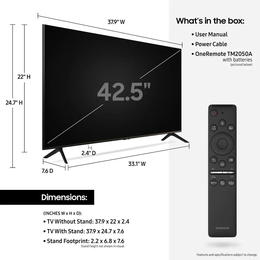 SizeAMSizeUNG 43" Class 4K Crystal UHD (2160P) LED Sizemart TV with HDR UN43TU8000 2020
