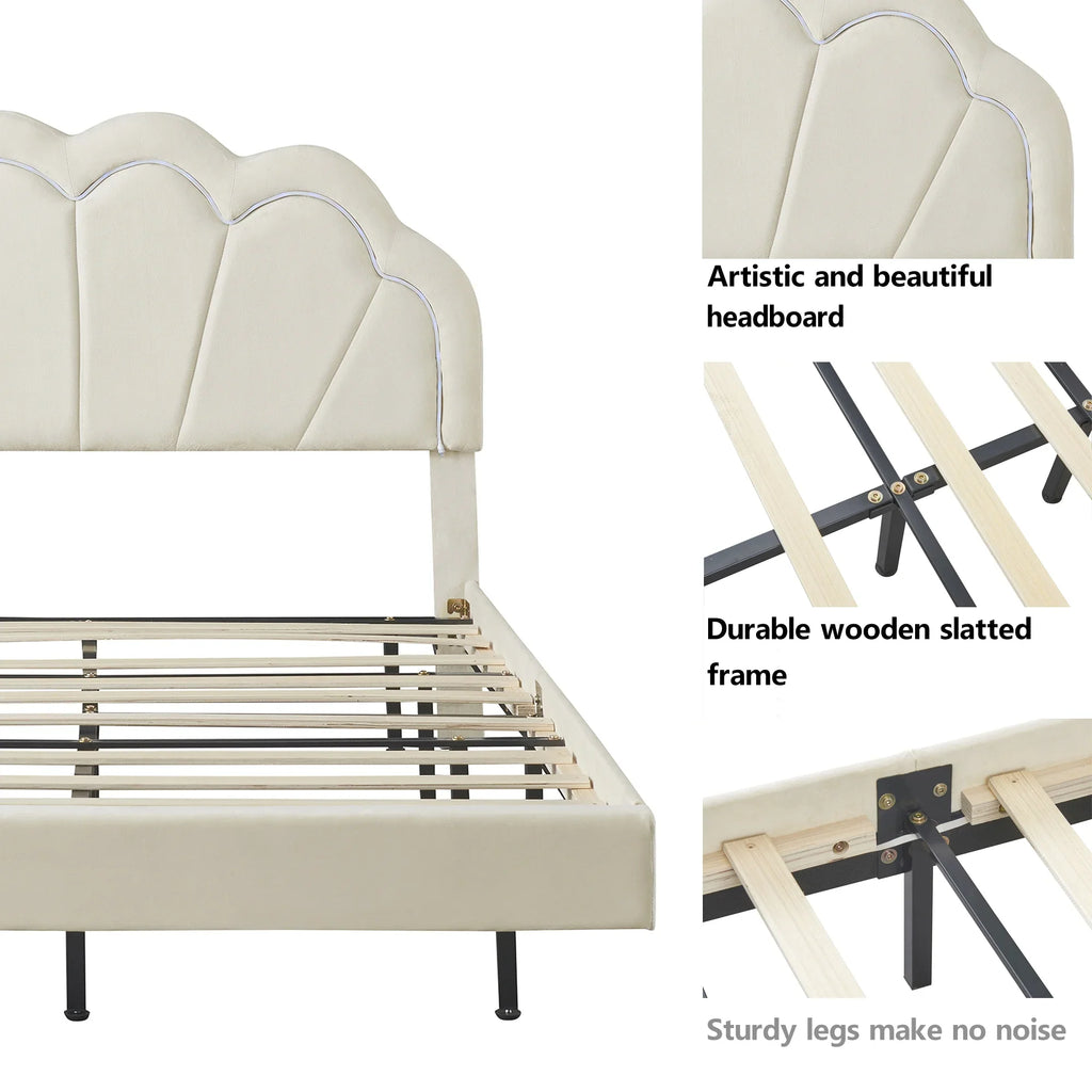 Cosymart Full Upholstered Sizemart LED Bed Frame with Elegant Flowers Headboard， Floating Velvet Platform LED Bed with Wooden Sizelats Sizeupport， Beige