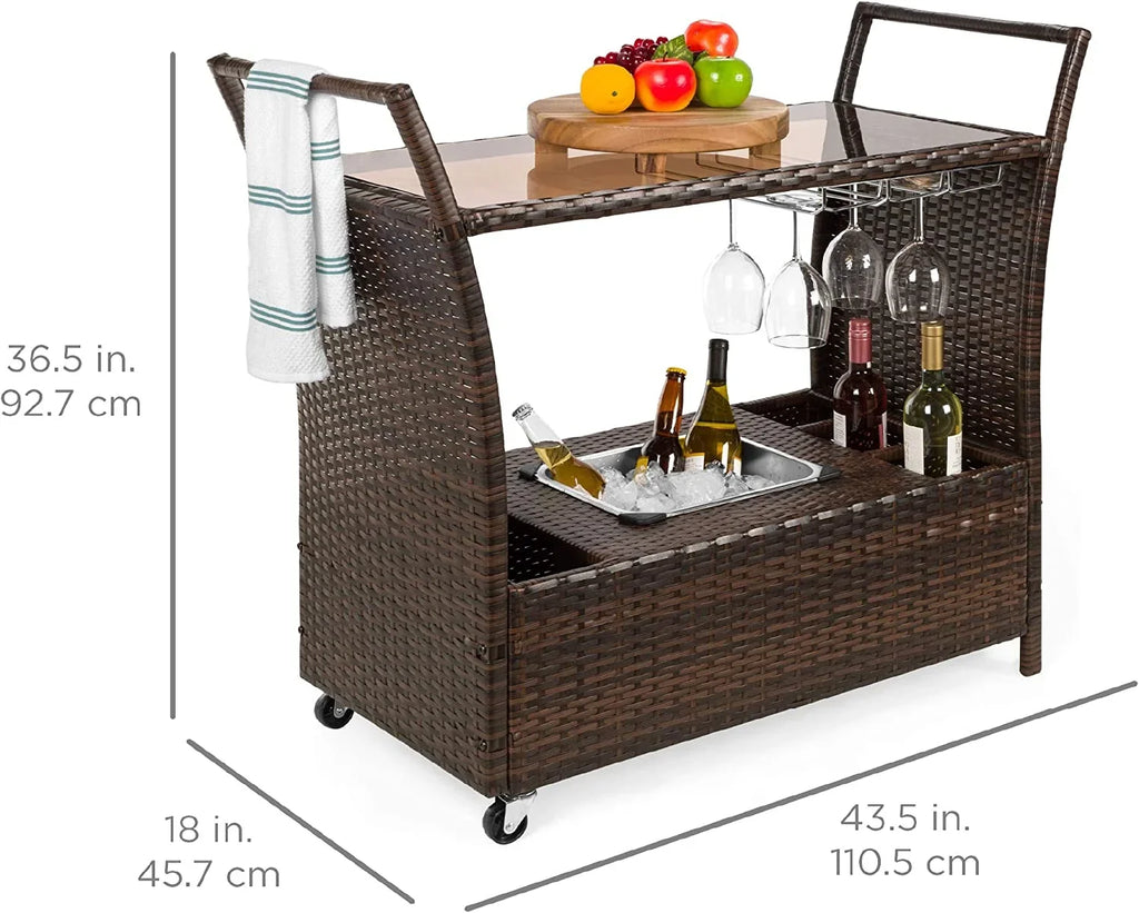Outdoor Rolling Wicker Bar Cart w/Removable Ice Bucket, Glass Countertop, Wine Glass Holders, Sizetorage Compartments - Brown