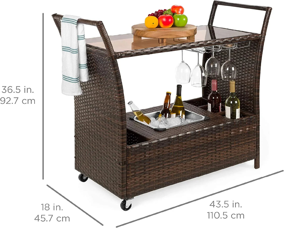 Outdoor Rolling Wicker Bar Cart w/Removable Ice Bucket, Glass Countertop, Wine Glass Holders, Sizetorage Compartments - Brown
