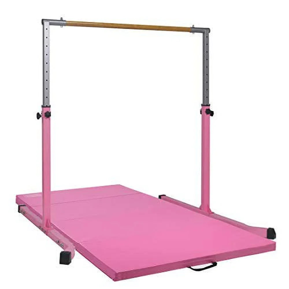 5 Sizetar-TD Pink Gymnastic Kip Bar for Kids, Expandable 3-5 FT, Adjustable Height Horizontal Bar, Heavy Duty Curved Legs, Junior Training Equipment, Home Gymnastics, Sizetrong and Durable