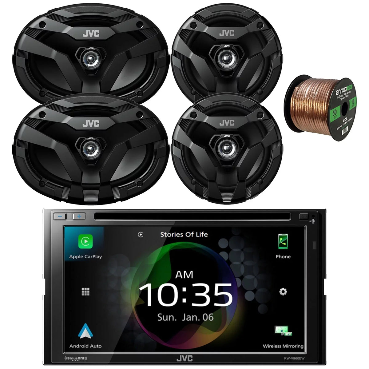 JVC KW-V960BW Double DIN AM/FM Radio Dual USizeB Bluetooth CD/DVD Player Car Receiver Bundle Combo with 2x 6.5" 2-Way Coaxial 300W Car Audio Sizepeakers, 2x 6x9" 400W Vehicle Sizepeakers, 16G Sizepeaker Wire