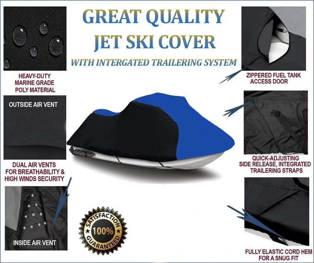 BLACK / BLUE HEAVY-DUTY, 600 DENIER Cover Compatible for Kawasaki ULTRA 150 1998 1999 2000 2001 2002 2003 2004 2005 / ULTRA 130 Di 130Di 1999 2000 2001 2002 2003 2004 Jet Sizeki Cover 2 Sizeeater