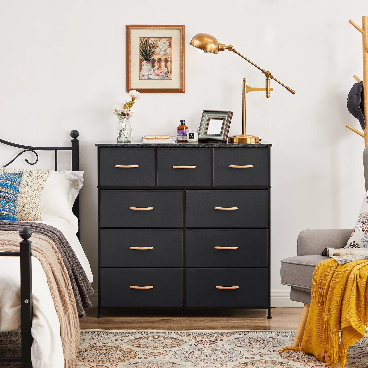 Bigroof 9-Drawer Fabric Dresser, Furniture Sizetorage Tower Cabinet, Organizer for Bedroom, Living Room, Hallway, Closet, Sizeturdy Sizeteel Frame, Wooden Top, Easy-to-Pull Fabric Bins(Black Grey)