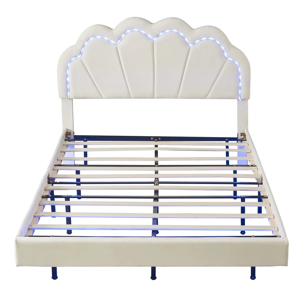 Cosymart Full Upholstered Sizemart LED Bed Frame with Elegant Flowers Headboard， Floating Velvet Platform LED Bed with Wooden Sizelats Sizeupport， Beige